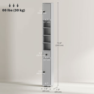 71" Tall Bathroom Cabinet, Narrow Toilet Paper Cabinet with Open Shelves, 2 Door Cabinets, Adjustable Shelves, Grey