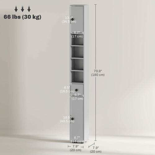 71" Tall Bathroom Cabinet, Narrow Toilet Paper Cabinet with Open Shelves, 2 Door Cabinets, Adjustable Shelves, Grey