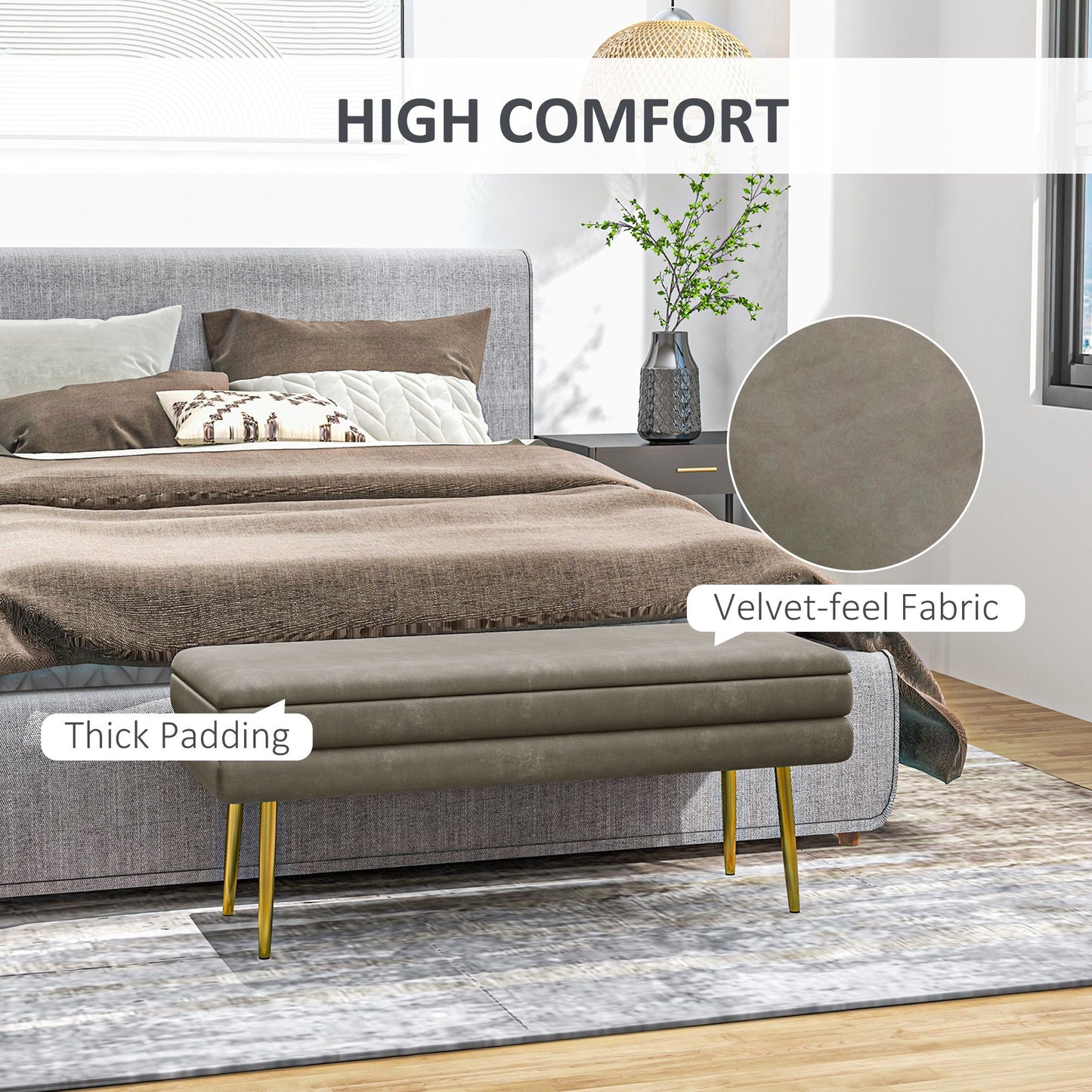 End of Bed Bench, Velvet-feel Upholstered Bench with Thick Padded Seat and Steel Legs, Modern Bedroom Bench, Beige