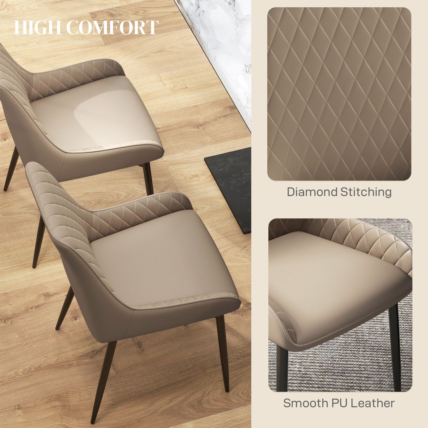 Upholstered Kitchen Chairs, Modern Dining Chairs Set of 2 with Diamond Tufting and Steel Legs for Dining Room, Khaki