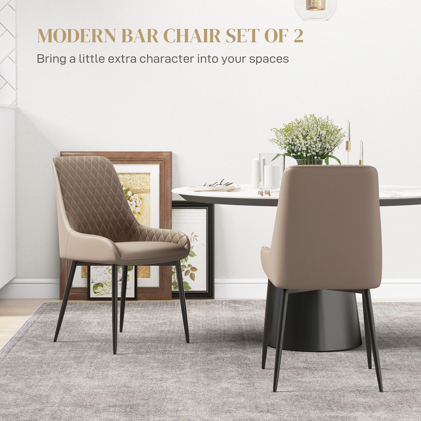 Upholstered Kitchen Chairs, Modern Dining Chairs Set of 2 with Diamond Tufting and Steel Legs for Dining Room, Khaki