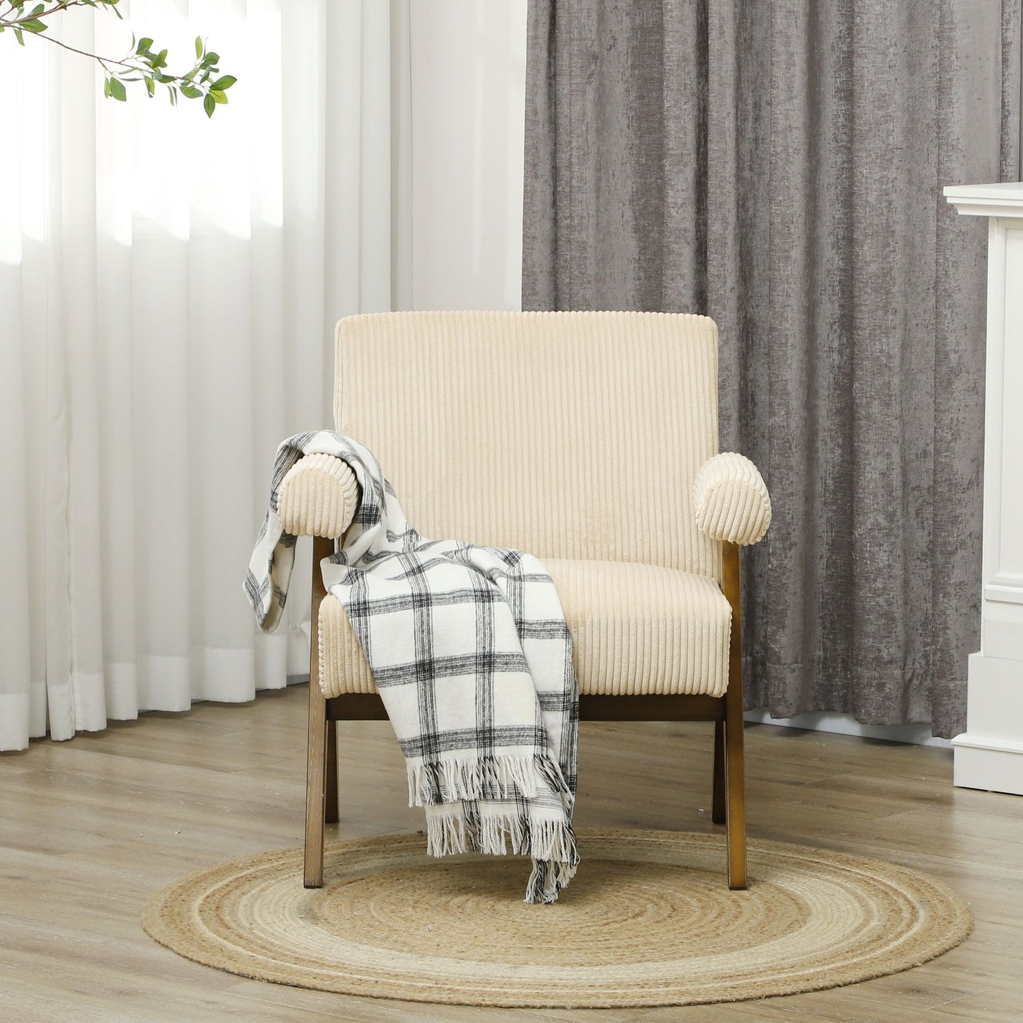 Corduroy Accent Chair Armchair with Wide Seat and Soft Padded Armrests for Reading, Bedroom, Beige
