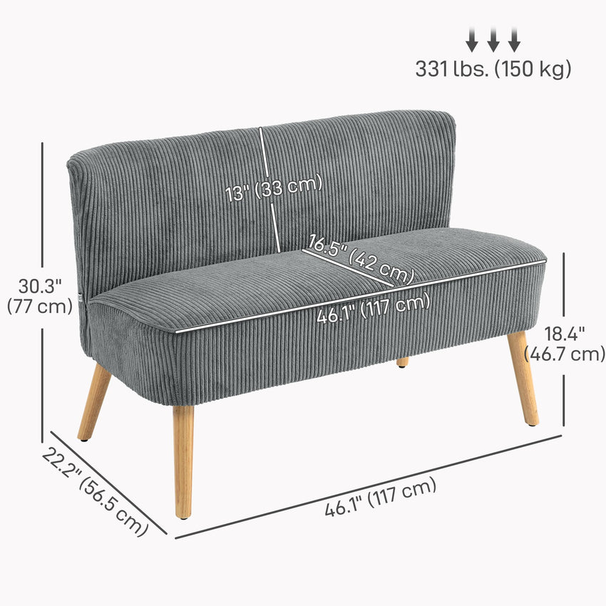 Modern 2 Seater Sofa, Upholstered Two Seater Couch with Rubber Wood Legs, Grey