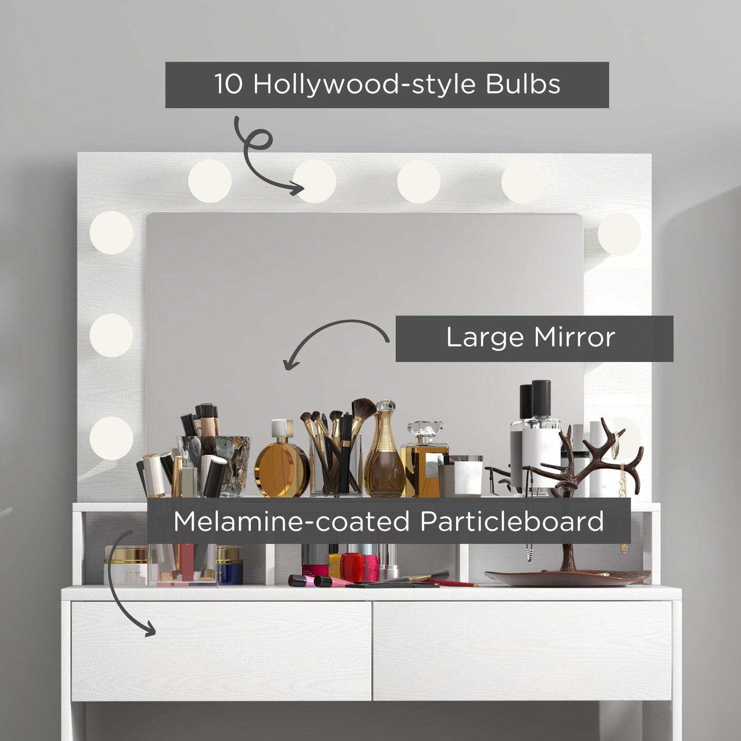 Vanity Table, Makeup Dressing Table with LED Lighting Mirror, Drawers, for Bedroom, White