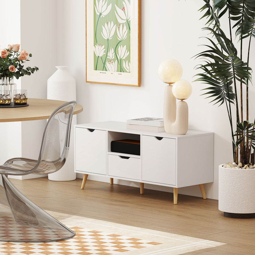 TV Stand with Storage for up to 50" TV, Modern TV Table with Open Shelf, Drawer and 2 Cabinets, White