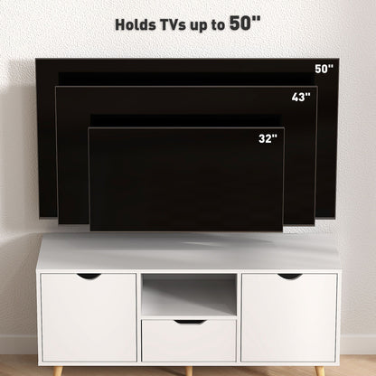 TV Stand with Storage for up to 50" TV, Modern TV Table with Open Shelf, Drawer and 2 Cabinets, White