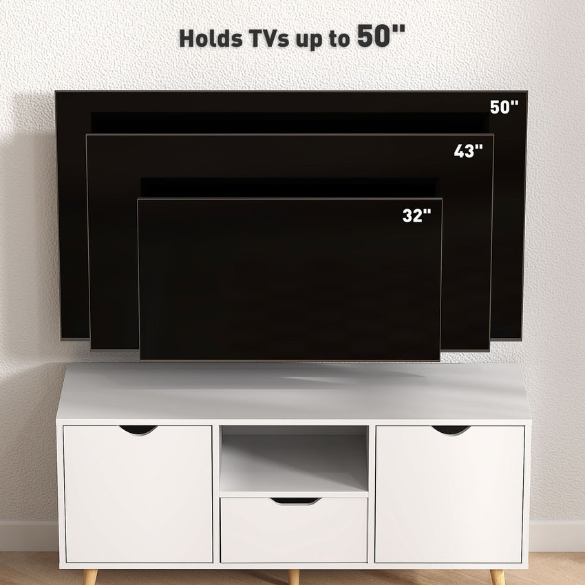 TV Stand with Storage for up to 50" TV, Modern TV Table with Open Shelf, Drawer and 2 Cabinets, White