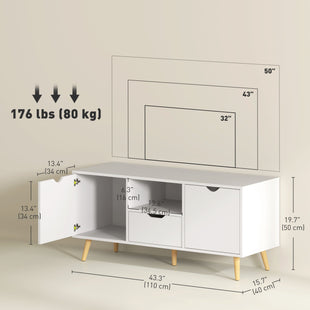 TV Stand with Storage for up to 50" TV, Modern TV Table with Open Shelf, Drawer and 2 Cabinets, White