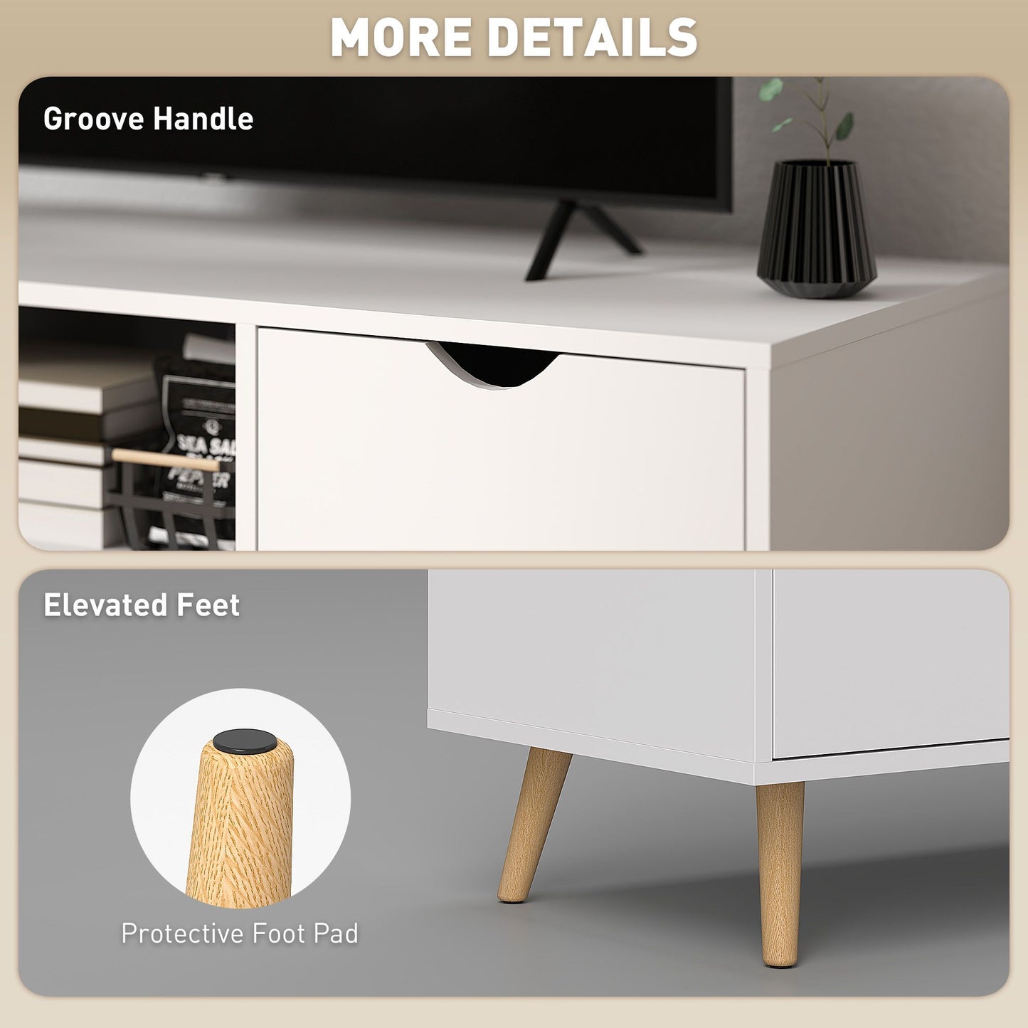TV Stand with Storage for up to 50" TV, Modern TV Table with Open Shelf, Drawer and 2 Cabinets, White