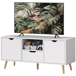 TV Stand with Storage for up to 50" TV, Modern TV Table with Open Shelf, Drawer and 2 Cabinets, White