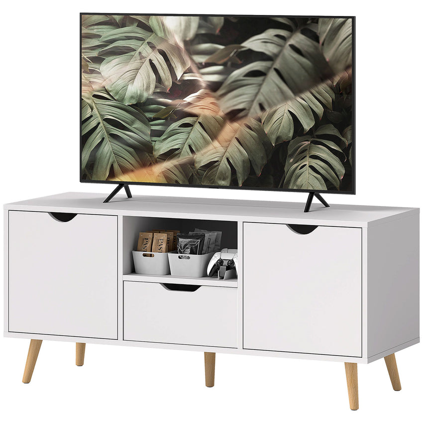 TV Stand with Storage for up to 50" TV, Modern TV Table with Open Shelf, Drawer and 2 Cabinets, White