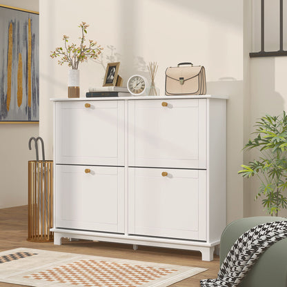 Modern Shoe Storage Cabinet, Narrow Shoe Cabinet with 4 Flip Drawers, Adjustable Shelves, 5 Legs for Entryway, White