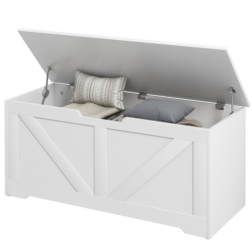 39.4 Inches Storage Chest, Storage Trunk with 2 Safety Hinges, Wooden Box for Living Room, White Wood Grain