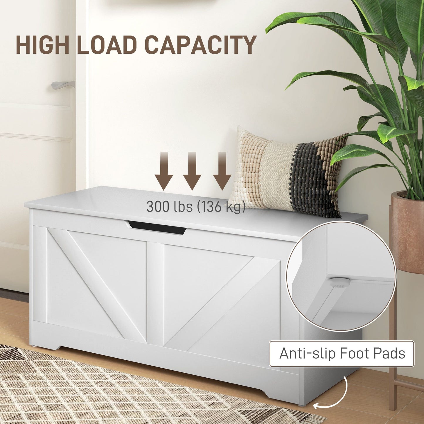 39.4 Inches Storage Chest, Storage Trunk with 2 Safety Hinges, Wooden Box for Living Room, White Wood Grain