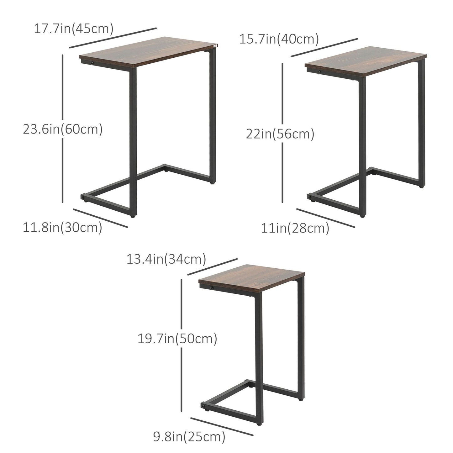 Nesting End Tables Set of 3, Industrial C-Shaped Snack Side Table with Steel Frame for Sofa Couch, Bed, Living Room, Rustic Brown