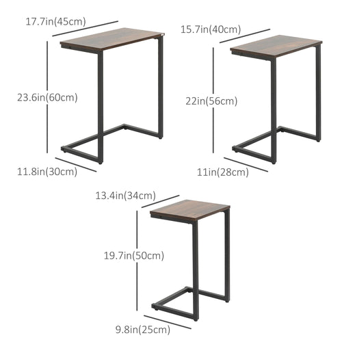 Nesting End Tables Set of 3, Industrial C-Shaped Snack Side Table with Steel Frame for Sofa Couch, Bed, Living Room, Rustic Brown