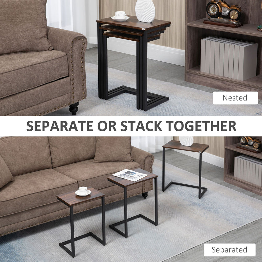 Nesting End Tables Set of 3, Industrial C-Shaped Snack Side Table with Steel Frame for Sofa Couch, Bed, Living Room, Rustic Brown