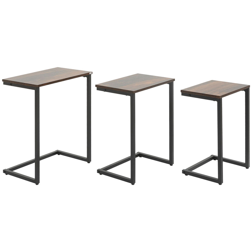 Nesting End Tables Set of 3, Industrial C-Shaped Snack Side Table with Steel Frame for Sofa Couch, Bed, Living Room, Rustic Brown