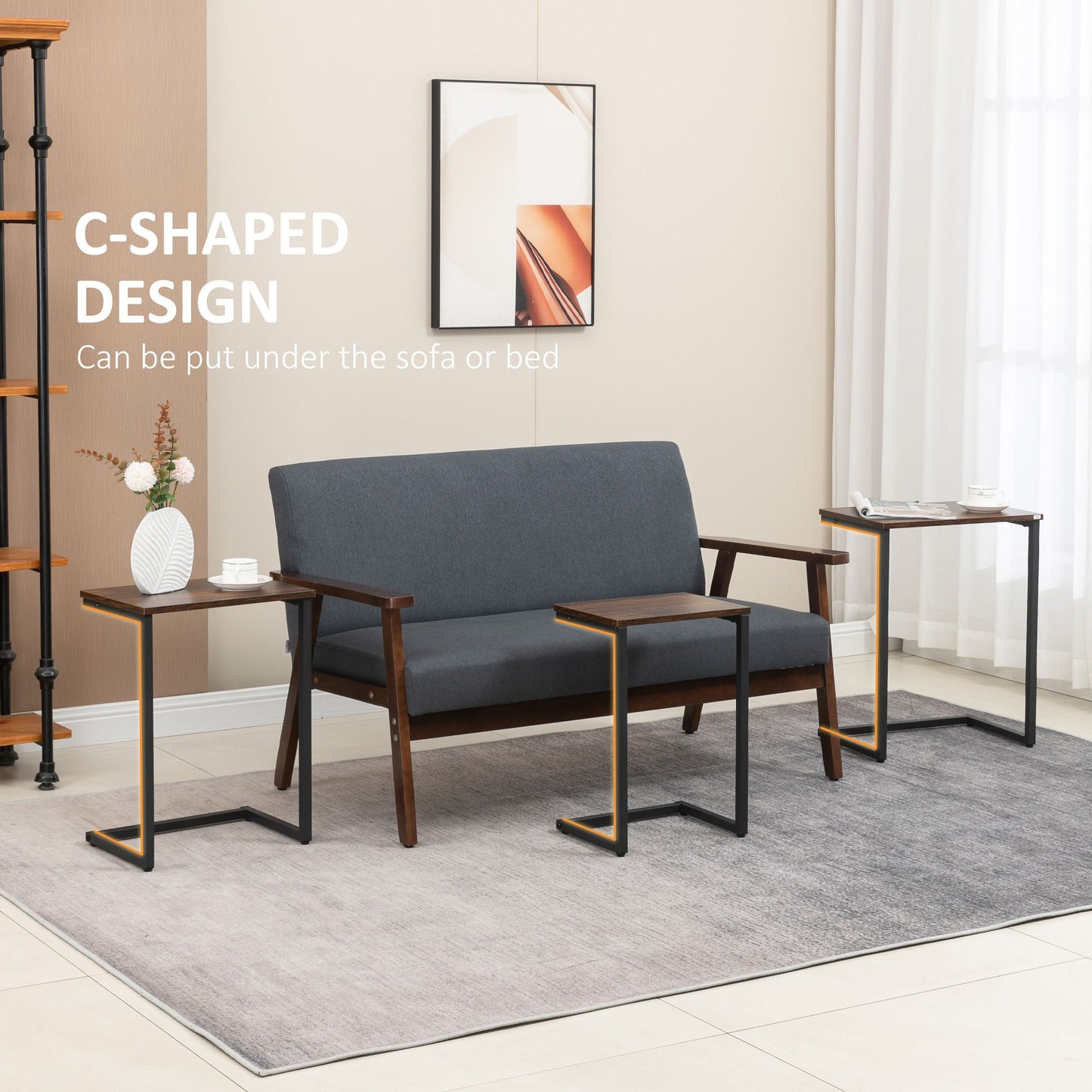 Nesting End Tables Set of 3, Industrial C-Shaped Snack Side Table with Steel Frame for Sofa Couch, Bed, Living Room, Rustic Brown