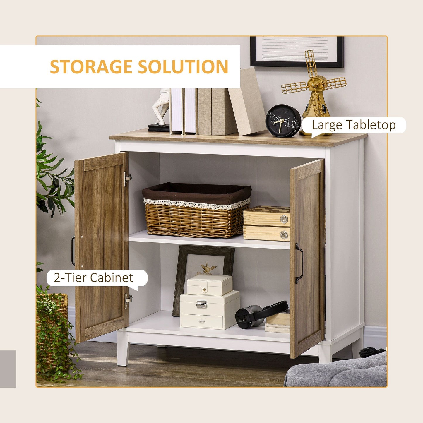 Farmhouse Sideboard, Storage Cabinet with 2 Doors and Shelves Kitchen, Living room, 30.9" x 15.4" x 30.9", Dark Oak