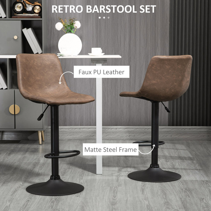 Adjustable Counter Height Bar Stools Set of 2, 360° Swivel Kitchen Counter Stools Dining Chairs with Backs, Vintage Leather, Brown