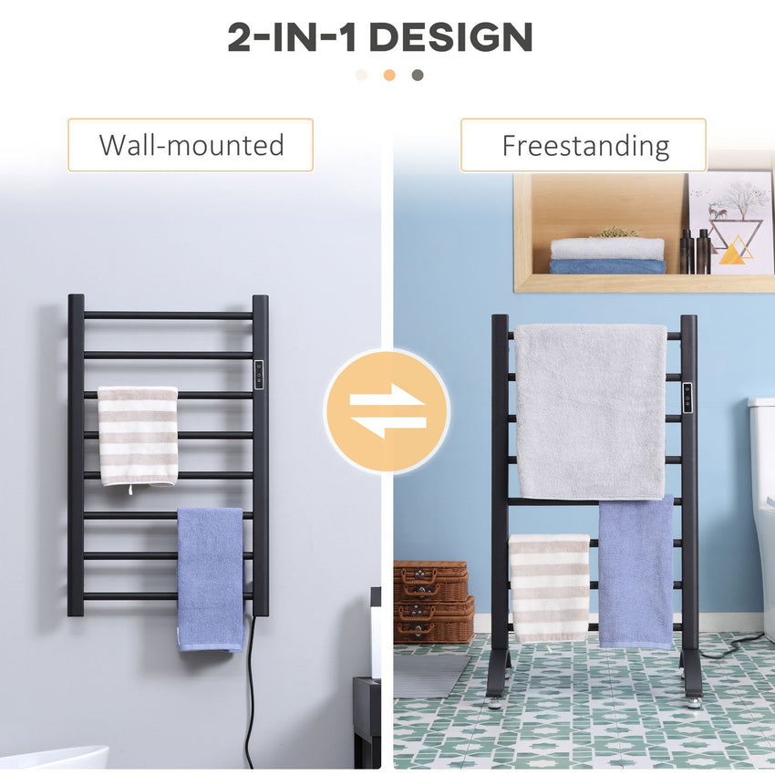 8-Bar Heated Towel Warmer Rack with Built-in Timer and LED Indicators, Wall Mounted & Free Standing Carbon Steel Electric Towel Bar with Adjustable Temperature, Black