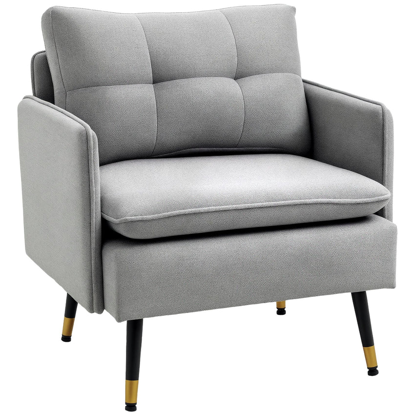 Modern Armchair, Upholstered Accent Chair with Tufted Back Cushion and Steel Legs for Living Room, Bedroom, Grey