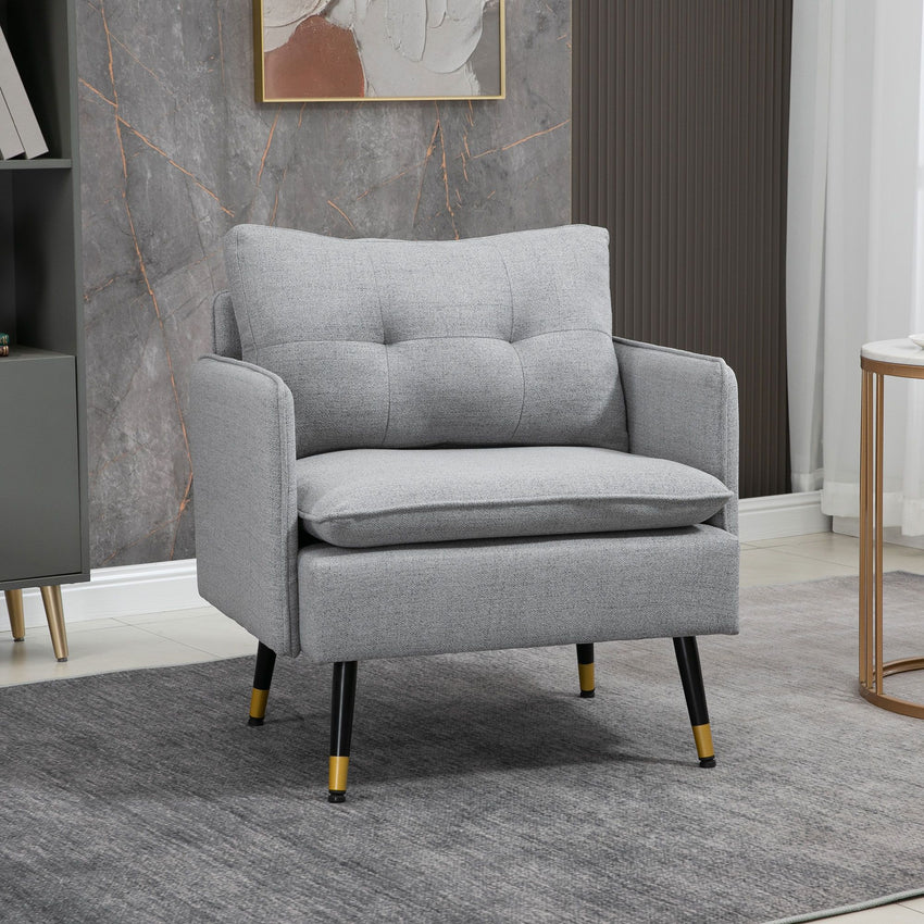 Modern Armchair, Upholstered Accent Chair with Tufted Back Cushion and Steel Legs for Living Room, Bedroom, Grey