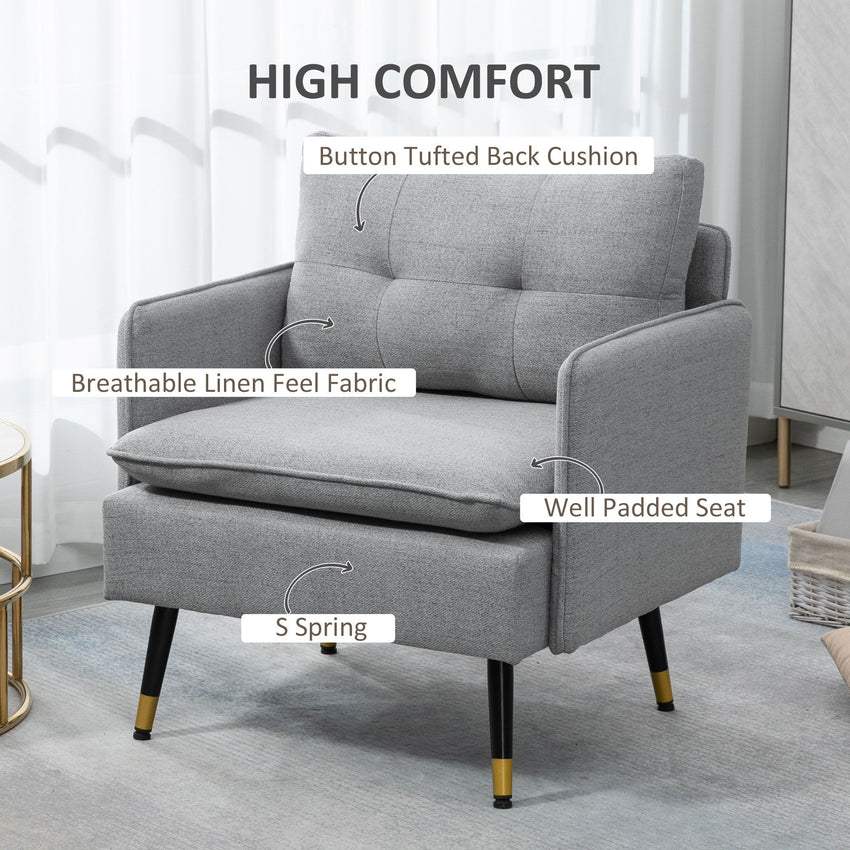 Modern Armchair, Upholstered Accent Chair with Tufted Back Cushion and Steel Legs for Living Room, Bedroom, Grey