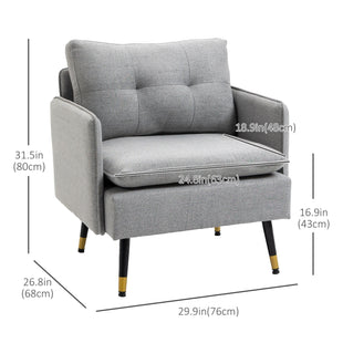 Modern Armchair, Upholstered Accent Chair with Tufted Back Cushion and Steel Legs for Living Room, Bedroom, Grey