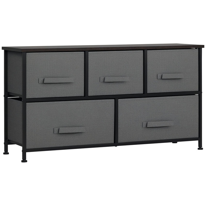 Linen Drawer Cabinet Organizer Storage Dresser Tower with 5 Removable Drawer Metal Frame Adjustable Feet for Living Room, Kitchen, Bathroom, Dark Grey