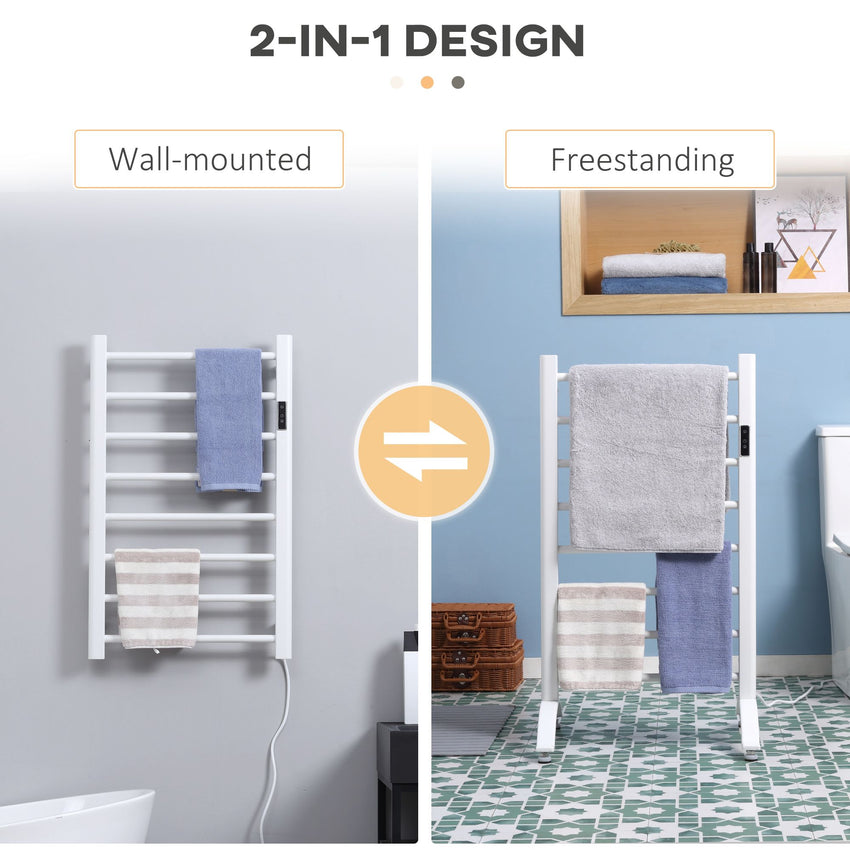8-Bar Heated Towel Warmer Rack with Built-in Timer and LED Indicators, Wall Mounted & Free Standing Carbon Steel Electric Towel Bar with Adjustable Temperature, White
