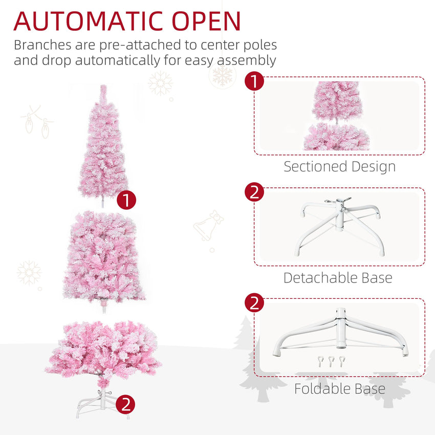 6 FT Snow Flocked Artificial Christmas Tree, Pencil Xmas Tree with Realistic Branches, Auto Open and Steel Base, Pink