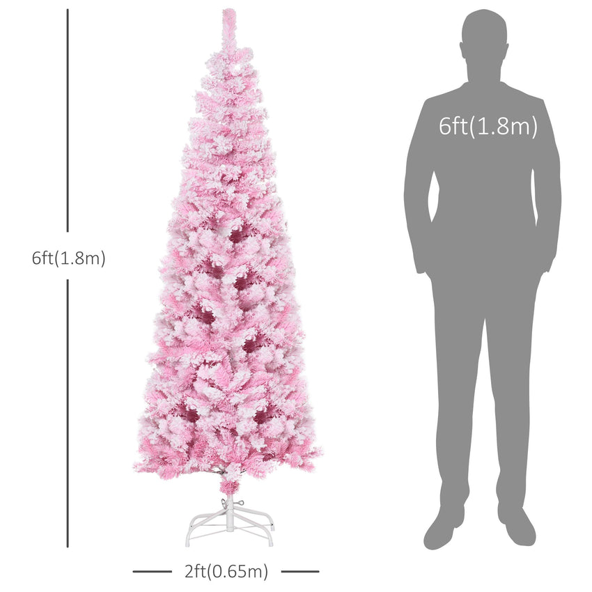 6 FT Snow Flocked Artificial Christmas Tree, Pencil Xmas Tree with Realistic Branches, Auto Open and Steel Base, Pink