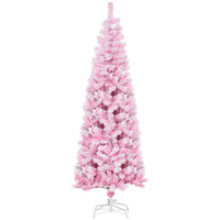 6 FT Snow Flocked Artificial Christmas Tree, Pencil Xmas Tree with Realistic Branches, Auto Open and Steel Base, Pink