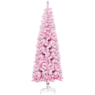 6 FT Snow Flocked Artificial Christmas Tree, Pencil Xmas Tree with Realistic Branches, Auto Open and Steel Base, Pink