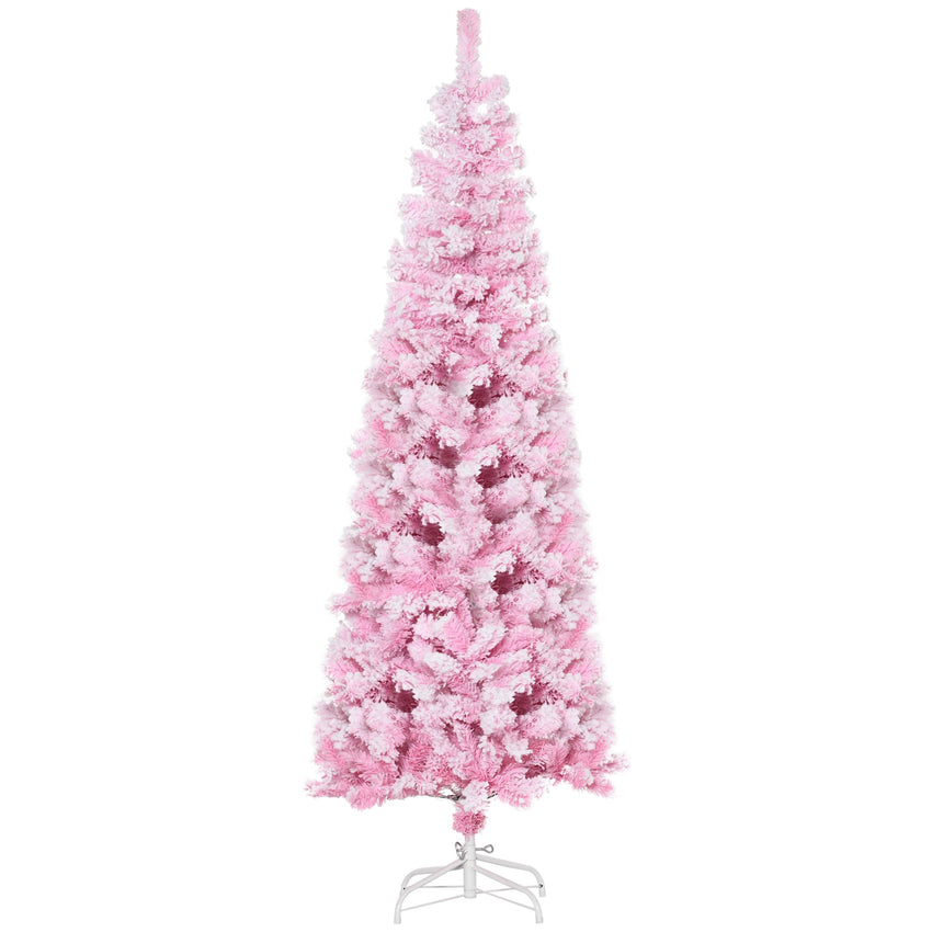 6 FT Snow Flocked Artificial Christmas Tree, Pencil Xmas Tree with Realistic Branches, Auto Open and Steel Base, Pink