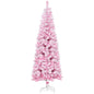 6 FT Snow Flocked Artificial Christmas Tree, Pencil Xmas Tree with Realistic Branches, Auto Open and Steel Base, Pink