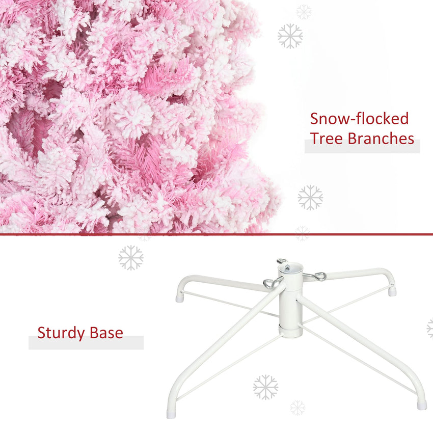 6 FT Snow Flocked Artificial Christmas Tree, Pencil Xmas Tree with Realistic Branches, Auto Open and Steel Base, Pink