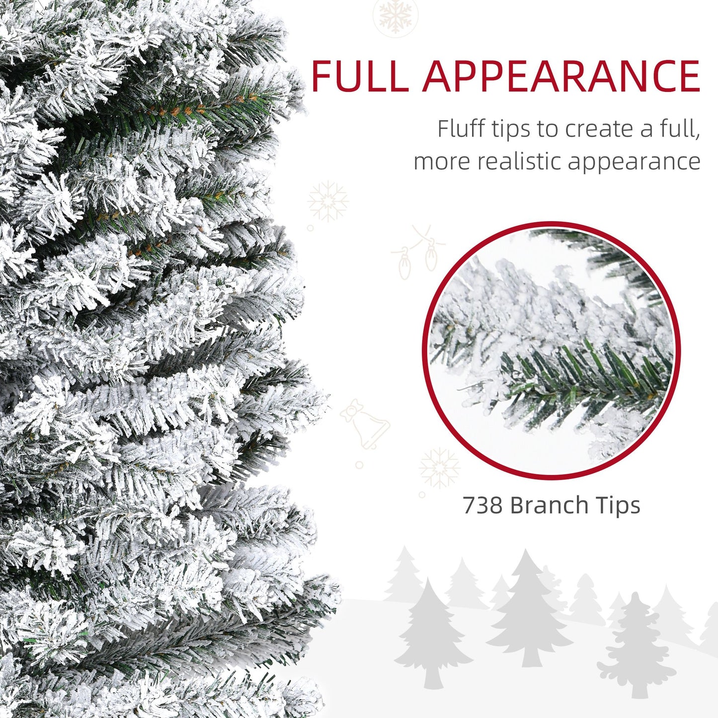7.5ft Flocked Christmas Tree, Pencil Christmas Tree with Realistic Branch Tips, Folding Metal Stand, Green