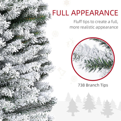 7.5ft Flocked Christmas Tree, Pencil Christmas Tree with Realistic Branch Tips, Folding Metal Stand, Green