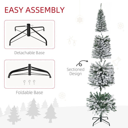 7.5ft Flocked Christmas Tree, Pencil Christmas Tree with Realistic Branch Tips, Folding Metal Stand, Green