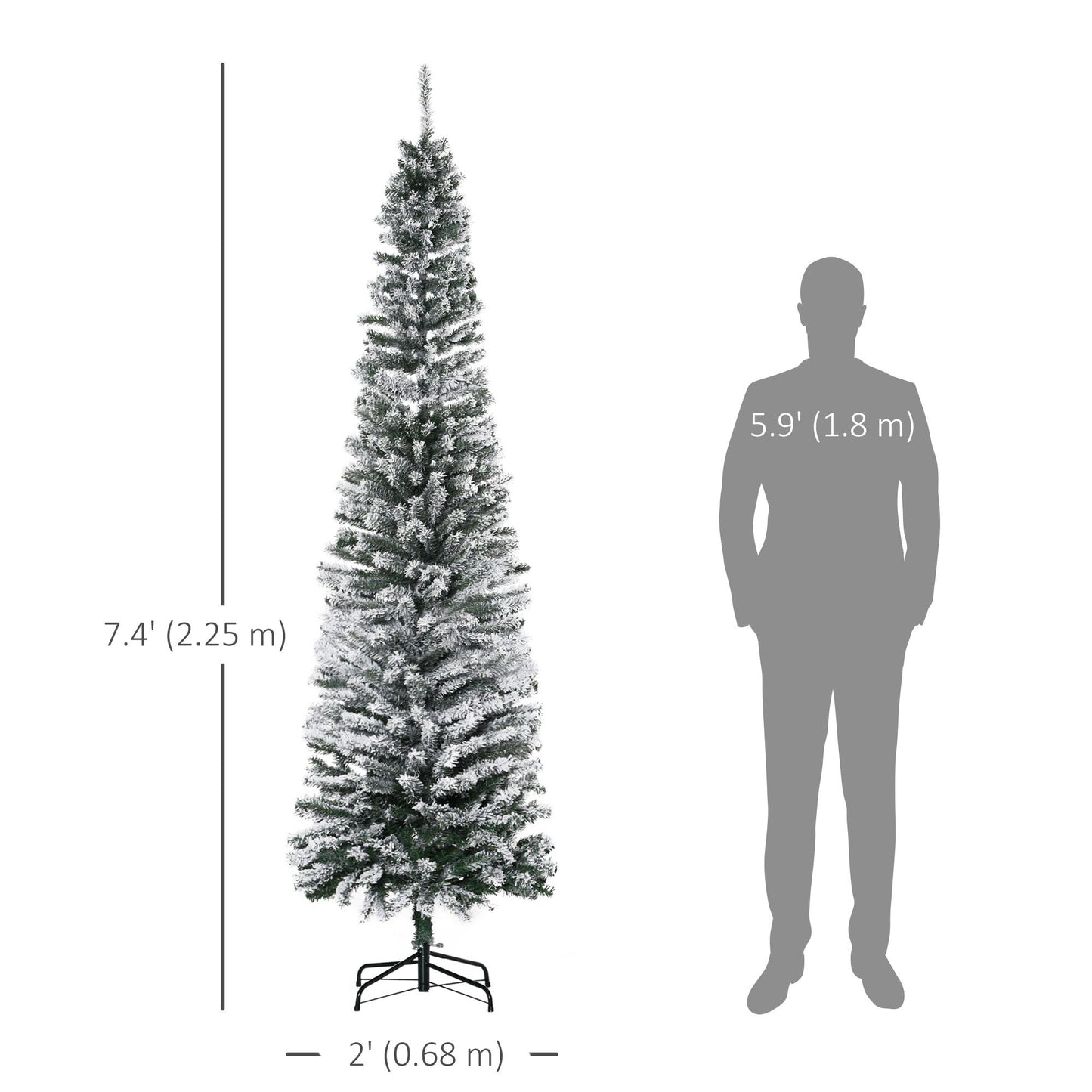 7.5ft Flocked Christmas Tree, Pencil Christmas Tree with Realistic Branch Tips, Folding Metal Stand, Green