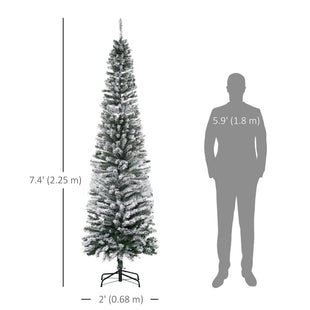 7.5ft Flocked Christmas Tree, Pencil Christmas Tree with Realistic Branch Tips, Folding Metal Stand, Green