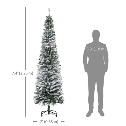7.5ft Flocked Christmas Tree, Pencil Christmas Tree with Realistic Branch Tips, Folding Metal Stand, Green