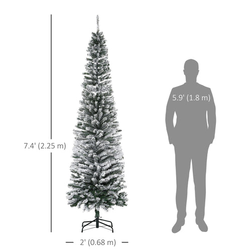7.5ft Flocked Christmas Tree, Pencil Christmas Tree with Realistic Branch Tips, Folding Metal Stand, Green