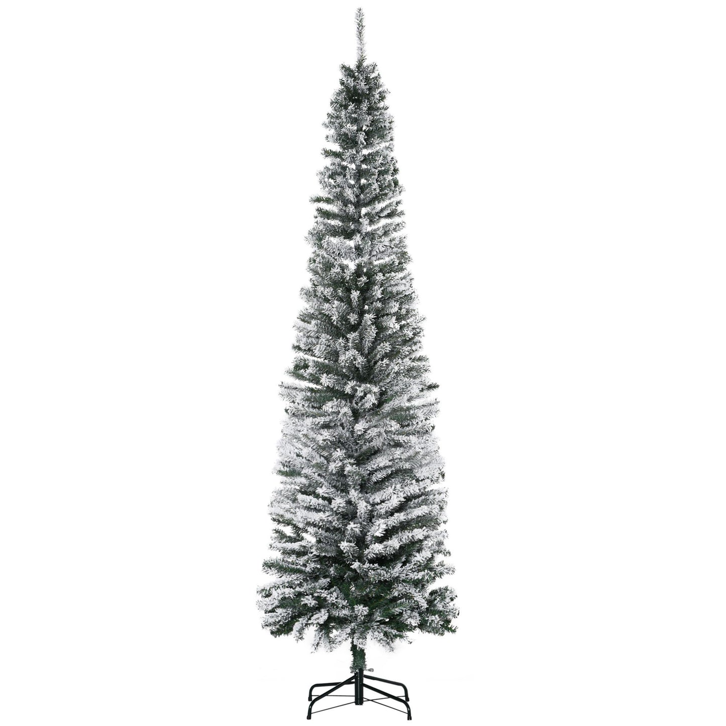 7.5ft Flocked Christmas Tree, Pencil Christmas Tree with Realistic Branch Tips, Folding Metal Stand, Green
