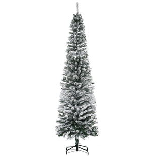 7.5ft Flocked Christmas Tree, Pencil Christmas Tree with Realistic Branch Tips, Folding Metal Stand, Green