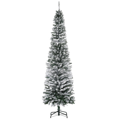 7.5ft Flocked Christmas Tree, Pencil Christmas Tree with Realistic Branch Tips, Folding Metal Stand, Green
