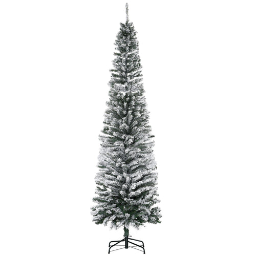 7.5ft Flocked Christmas Tree, Pencil Christmas Tree with Realistic Branch Tips, Folding Metal Stand, Green
